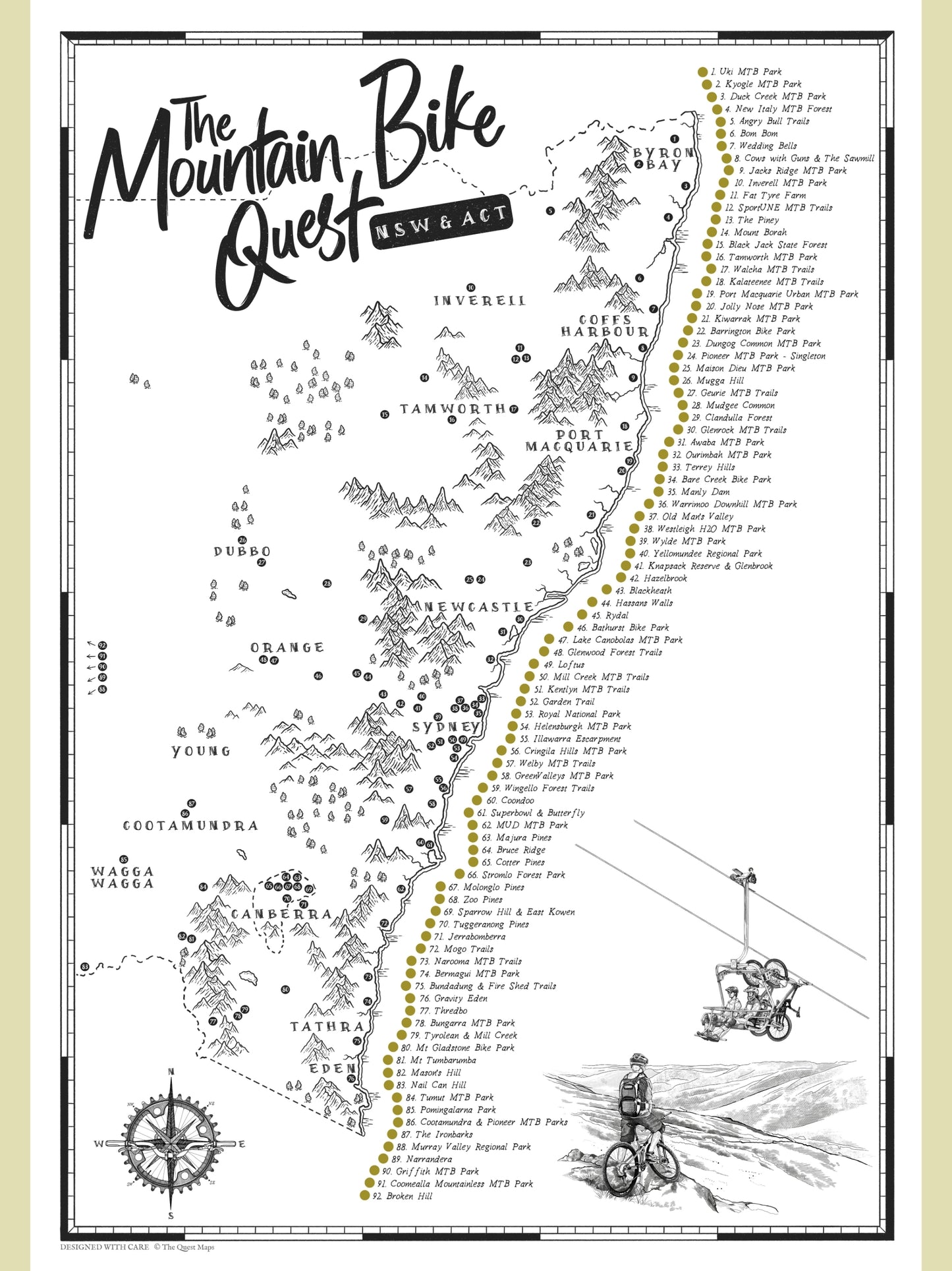NSW and ACT mountain bike map poster with scratch-off trail checklist, featuring hand-illustrated artwork for top MTB tracks and riding destinations.
