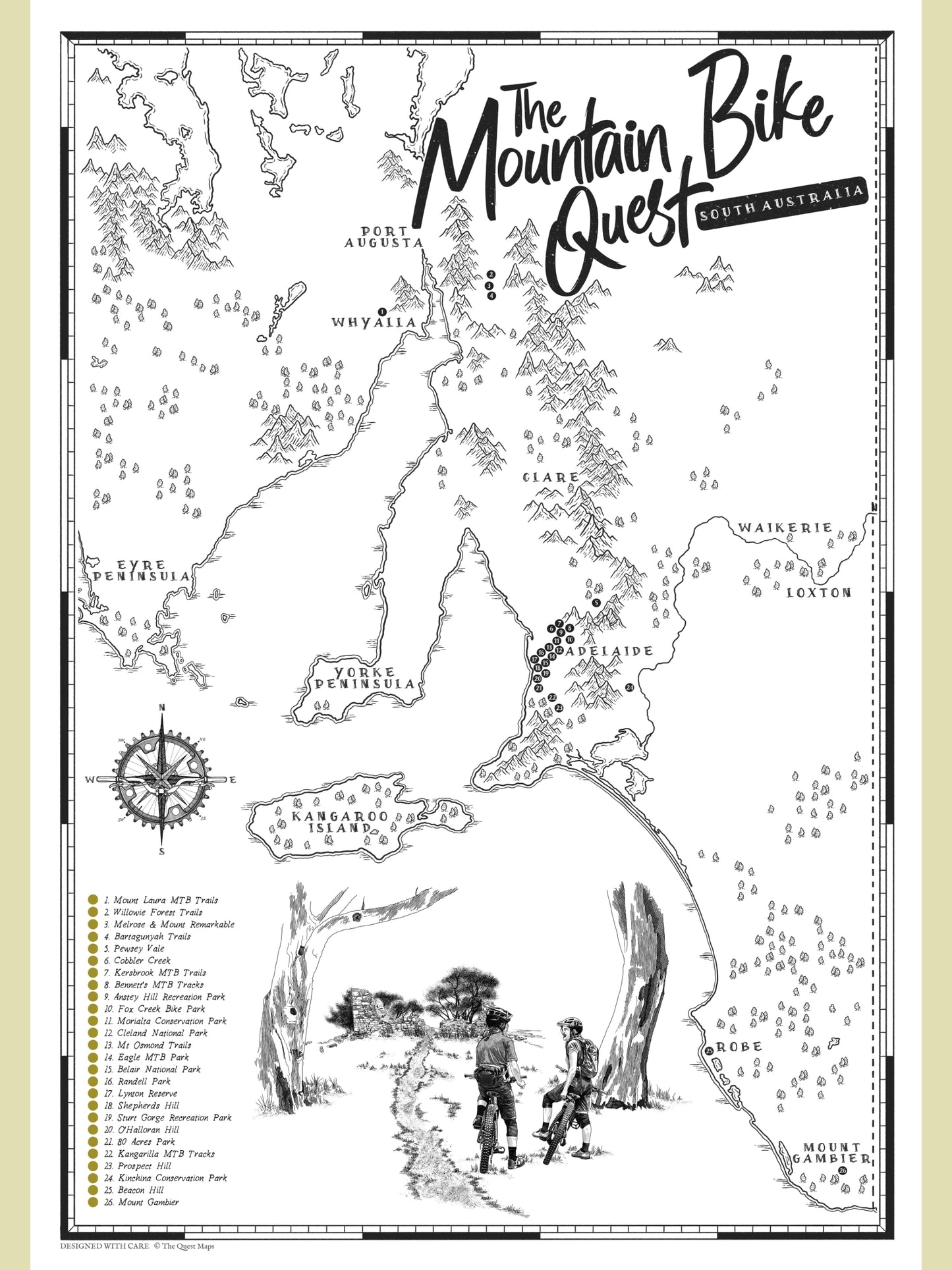 South Australia mountain bike map poster with scratch-off trail checklist, featuring hand-drawn illustrations of top MTB tracks across Adelaide Hills, Melrose, and the Flinders Ranges.