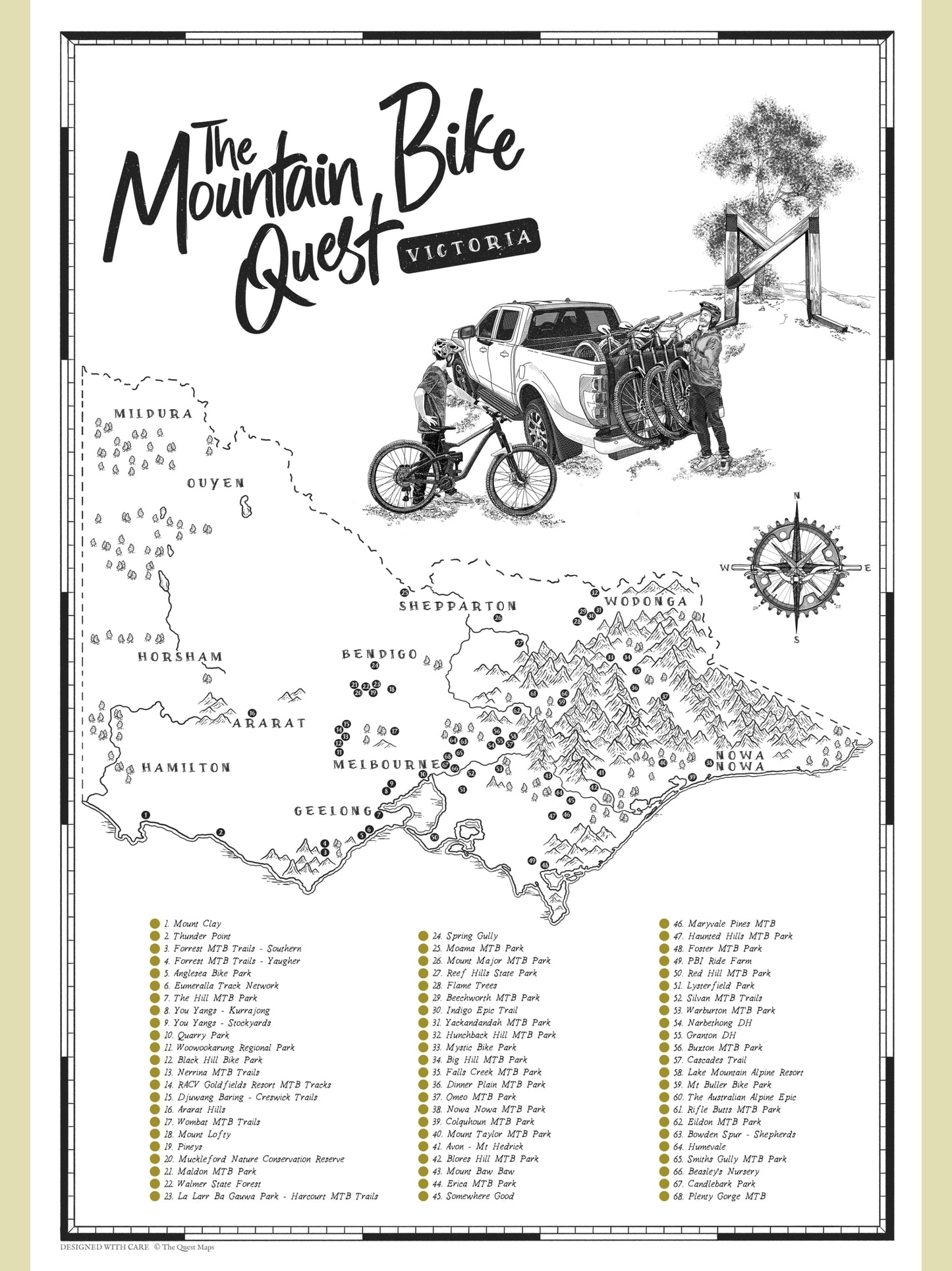 Map of mountain bike routes in Victoria with text and illustrations.