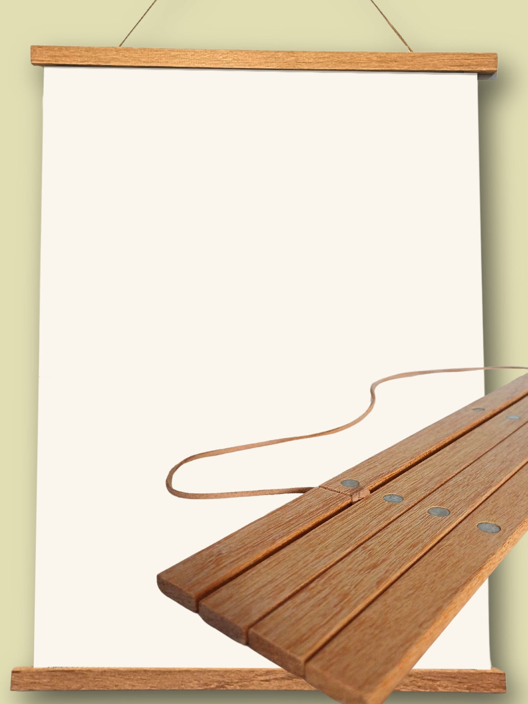 Magnetic wooden poster hanger with string, natural finish, ideal for displaying scratch maps or A2 prints, shown with close-up of wood grain and magnets.