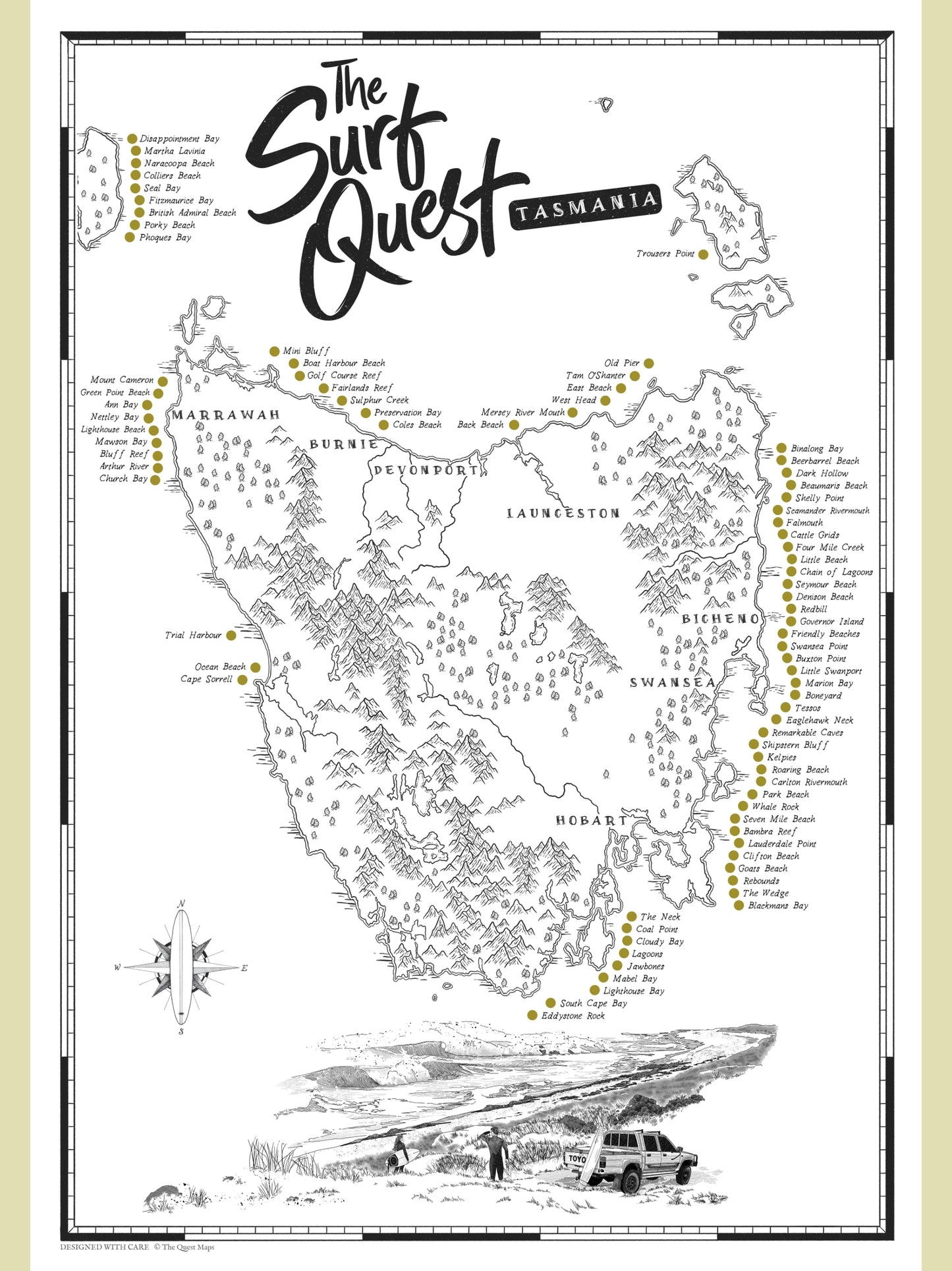 Tasmania surf map poster with scratch-off surf location checklist, featuring hand-illustrated artwork of the island’s rugged coastline and top surf spots.