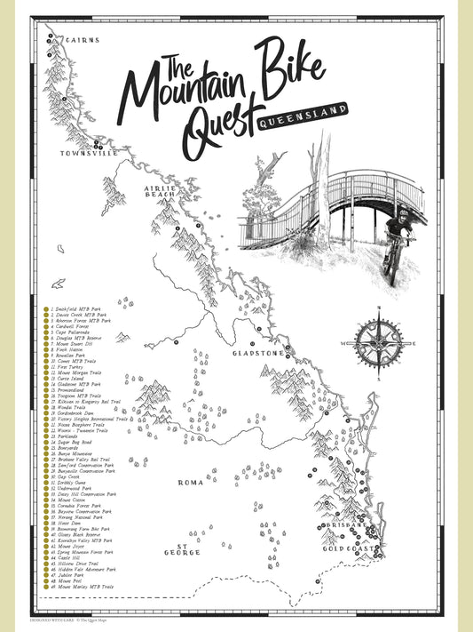 Queensland mountain bike map poster with scratch-off trail checklist, featuring hand-illustrated artwork of top MTB tracks and riding zones.