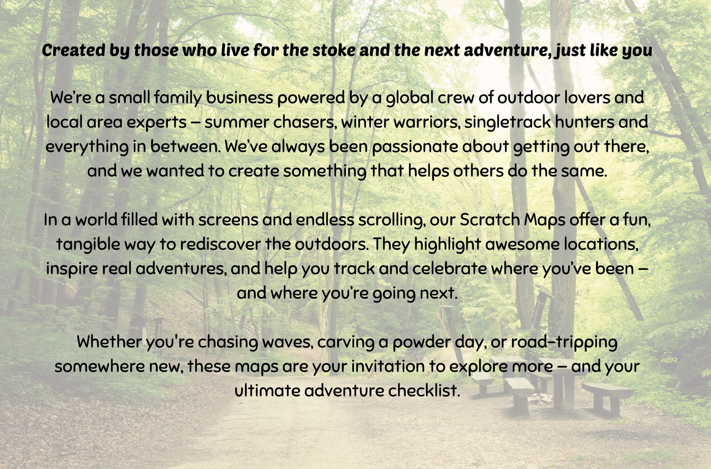 Company mission statement image for The Quest Maps, highlighting their passion for outdoor adventure, featuring a nature trail background with text about their small family business, scratch map products, and dedication to inspiring real-world exploration.