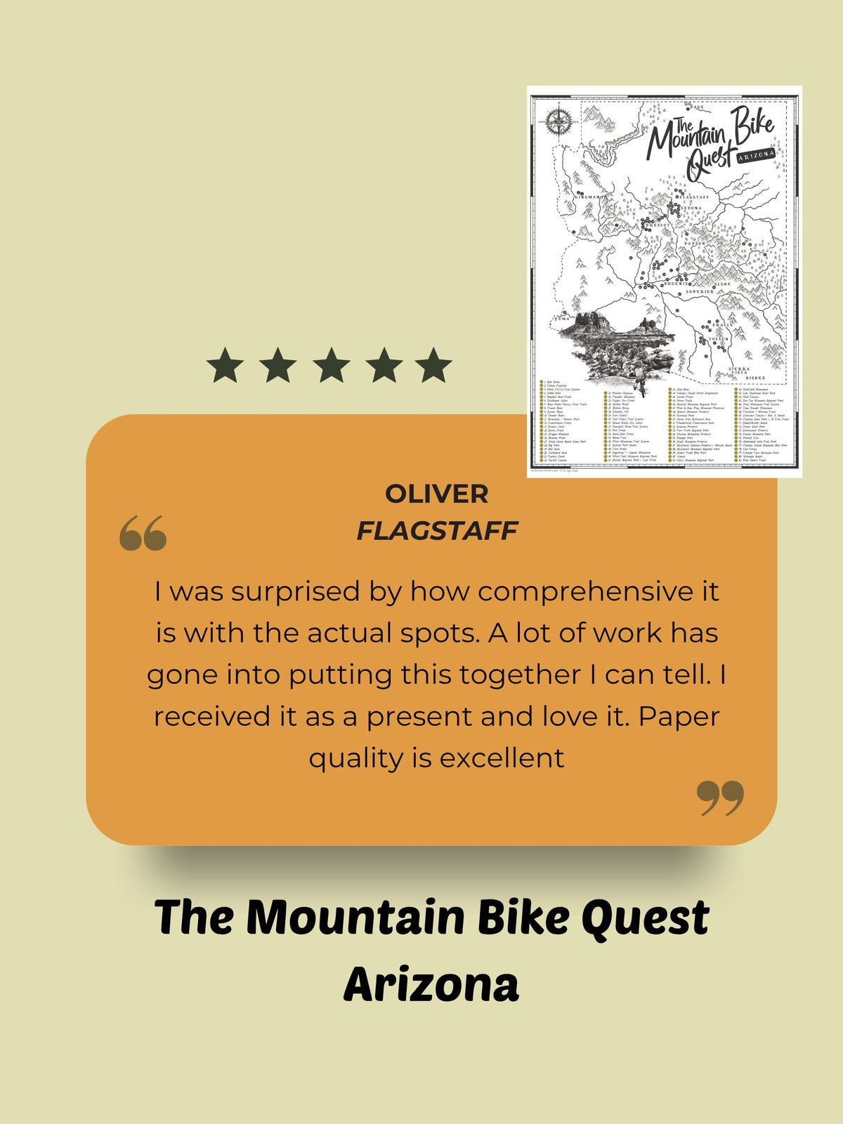 Five-star Arizona Mountain Bike Quest customer review from Oliver in Flagstaff praising the map's detail and quality