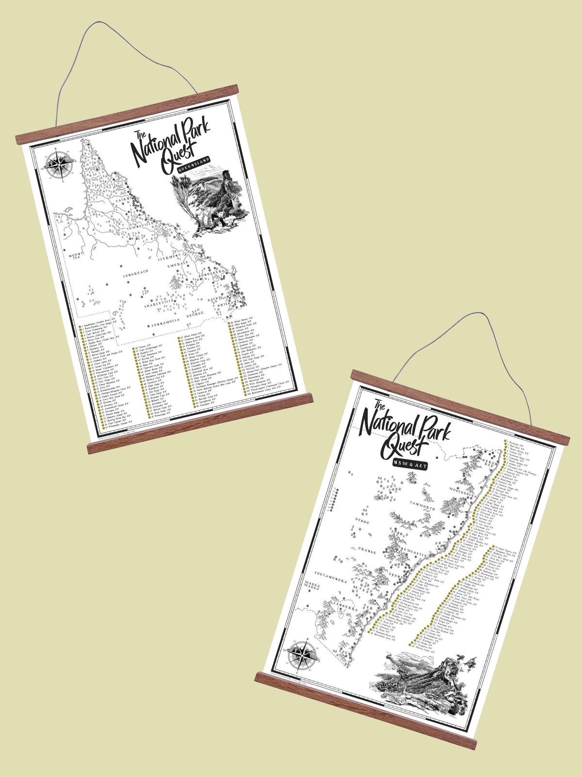 East Coast Roadtrip Bundle featuring Queensland and NSW & ACT National Park Quest maps in wooden hanging frames