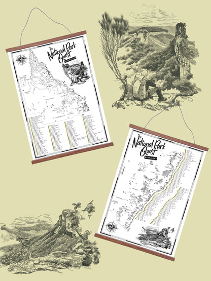 East Coast National Park Quest maps displayed in wooden hanging frames with hand-drawn Australian adventure scenery