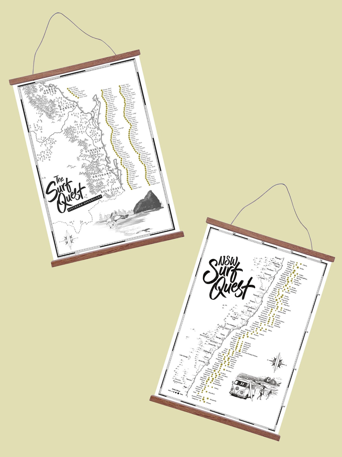 East Coast Surf's Up Bundle featuring Queensland and New South Wales Surf Quest maps in wooden hanging frames