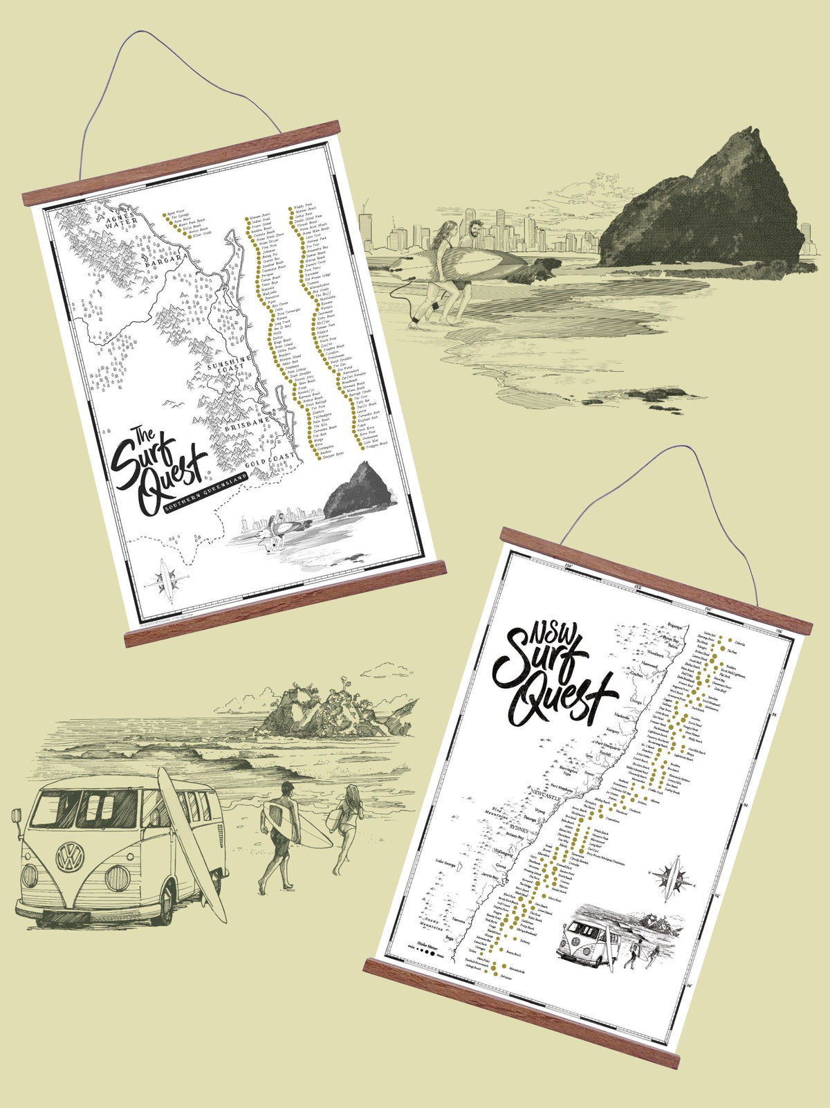 East Coast Surf's Up Bundle featuring Queensland and New South Wales Surf Quest maps in wooden hanging frames with hand-drawn surf scene