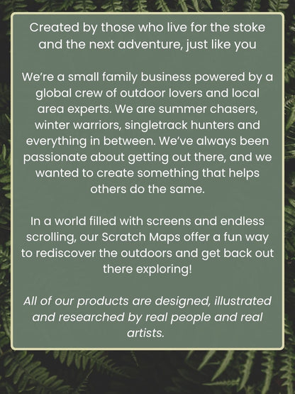 Text overlay on a green background promoting an outdoor scratch map poster business