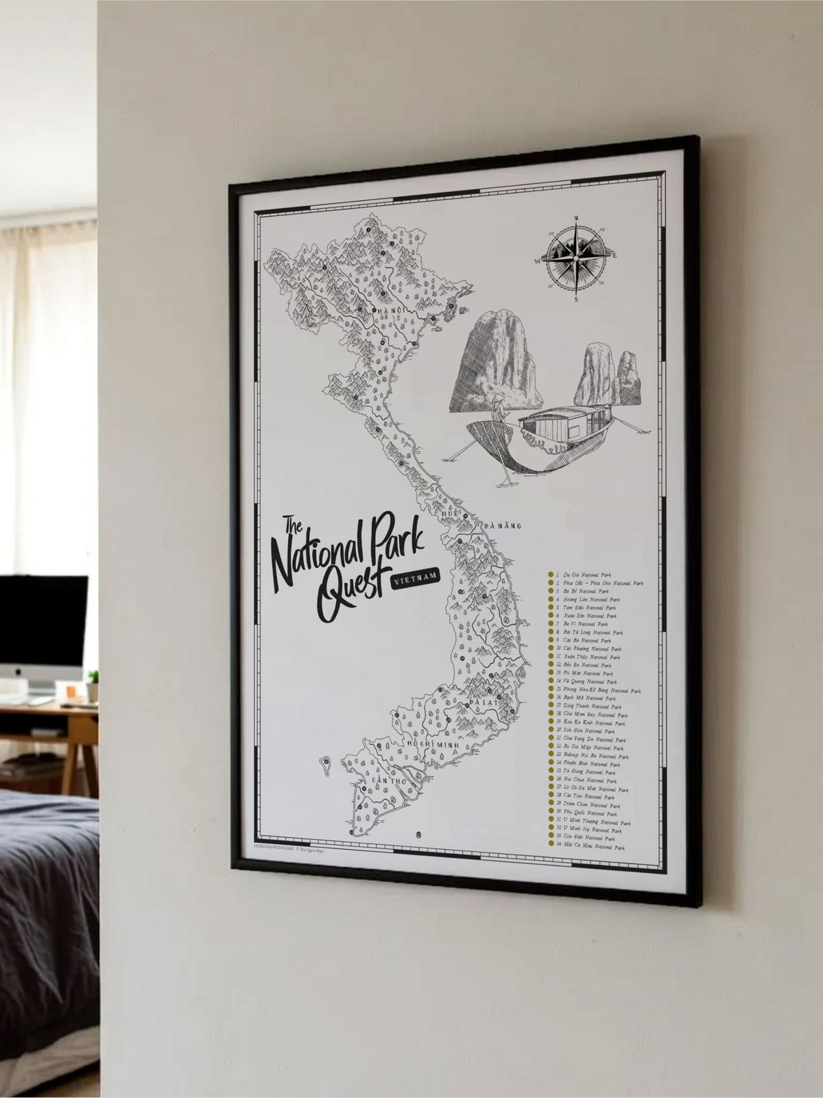 Vietnam National Parks Quest scratch map displayed in a black frame as National Park wall art