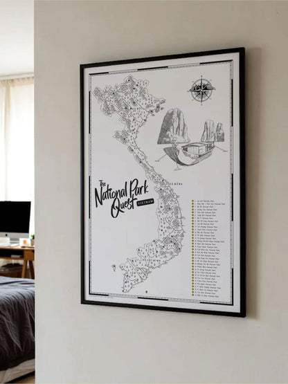 Vietnam National Parks Quest scratch map displayed in a black frame as National Park wall art