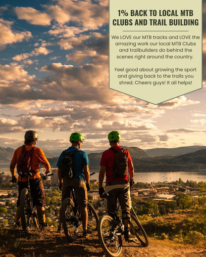 Three mountain bikers viewed from behind on a trail overlooking a scenic town and lake at sunset, with a large text panel in the upper right that reads '1% BACK TO LOCAL MTB CLUBS AND TRAIL BUILDING' and supporting copy.