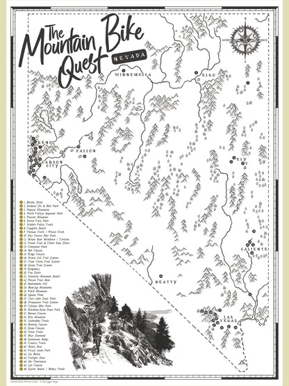 A black and white illustrated map poster titled 'The Mountain Bike Quest Nevada' with mountain and trail line drawings, place names, a compass rose, a trail list, and a small mountain-bike scene in the lower left.