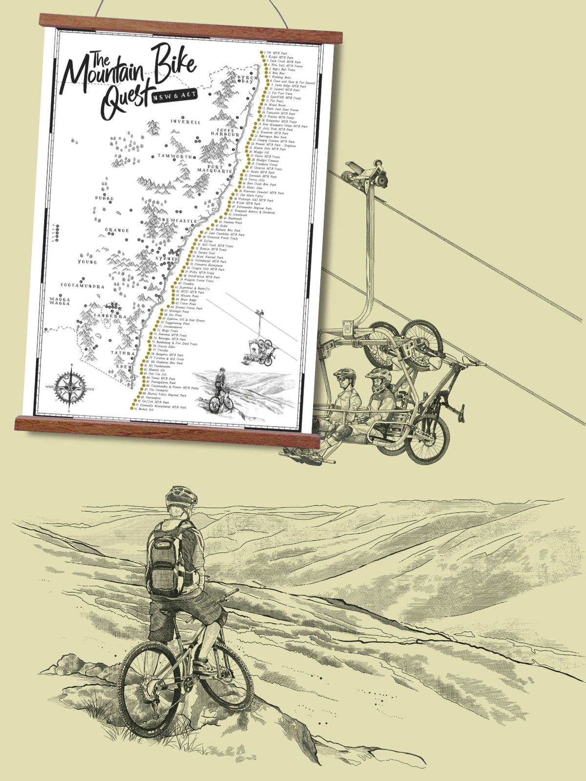 NSW & ACT Mountain Bike Quest scratch map with hand-drawn mountain bikers, bike shuttle and scenic riding landscape