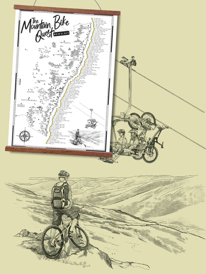 NSW & ACT Mountain Bike Quest scratch map with hand-drawn mountain bikers, bike shuttle and scenic riding landscape