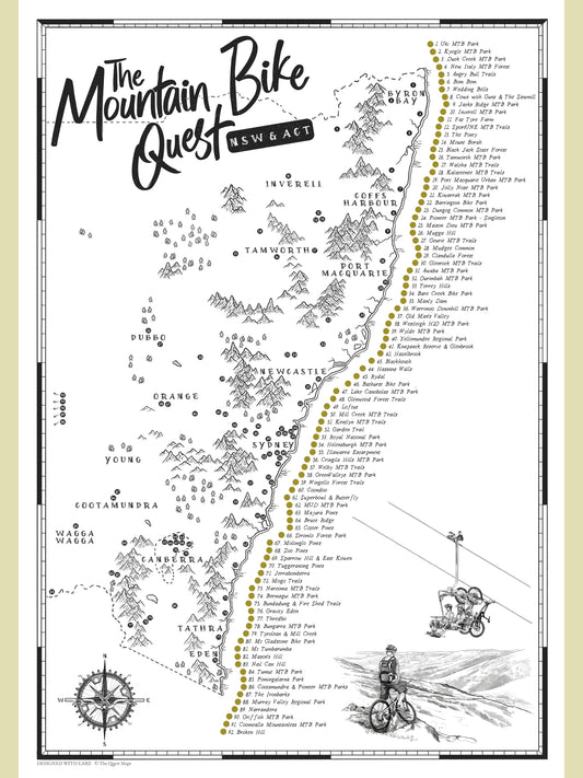 NSW and ACT mountain bike map poster with scratch-off trail checklist, featuring hand-illustrated artwork for top MTB tracks and riding destinations.