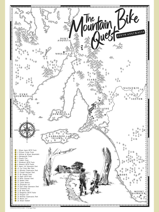 South Australia mountain bike map poster with scratch-off trail checklist, featuring hand-drawn illustrations of top MTB tracks across Adelaide Hills, Melrose, and the Flinders Ranges.