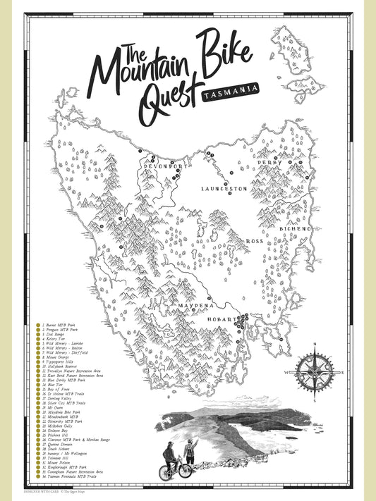 Tasmania mountain bike map poster with scratch-off trail checklist, featuring hand-drawn MTB destinations including Derby, St Helens, Maydena, and Wild Mersey.