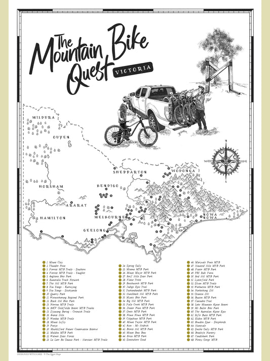 Map of mountain bike routes in Victoria with text and illustrations.