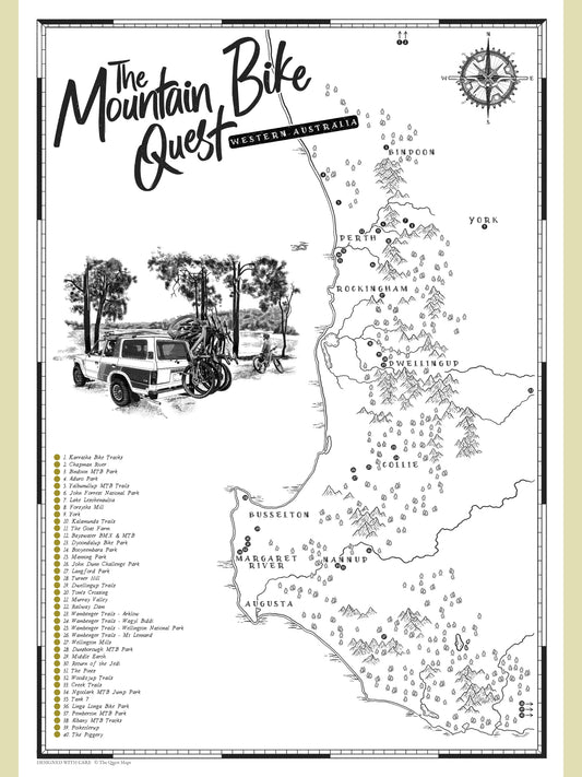 Western Australia mountain bike map poster with scratch-off trail checklist, showcasing hand-illustrated MTB destinations across Margaret River, Kalamunda, and Albany.