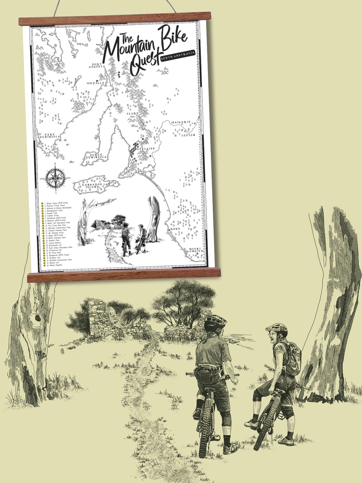 South Australia Mountain Bike Quest scratch map with hand-drawn mountain bikers riding through a South Australian landscape