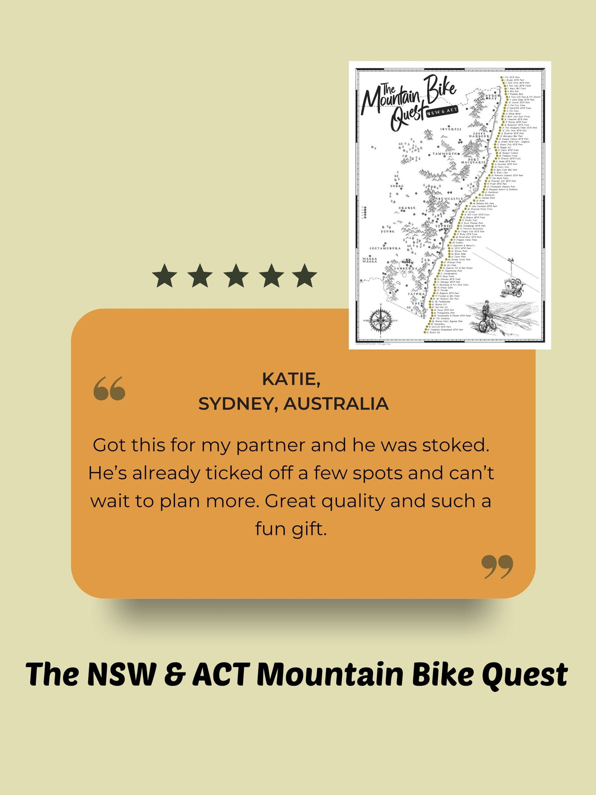 Five-star customer review of the NSW & ACT Mountain Bike Quest from Katie in Sydney, Australia