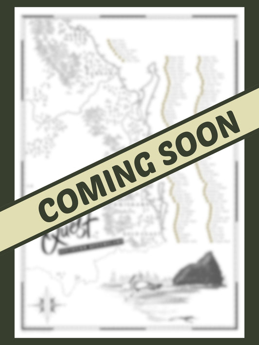 Blurry teaser image of an upcoming Queensland Surf Quest Scratch Map by The Quest Maps, featuring a large "Coming Soon" banner across the artwork.
