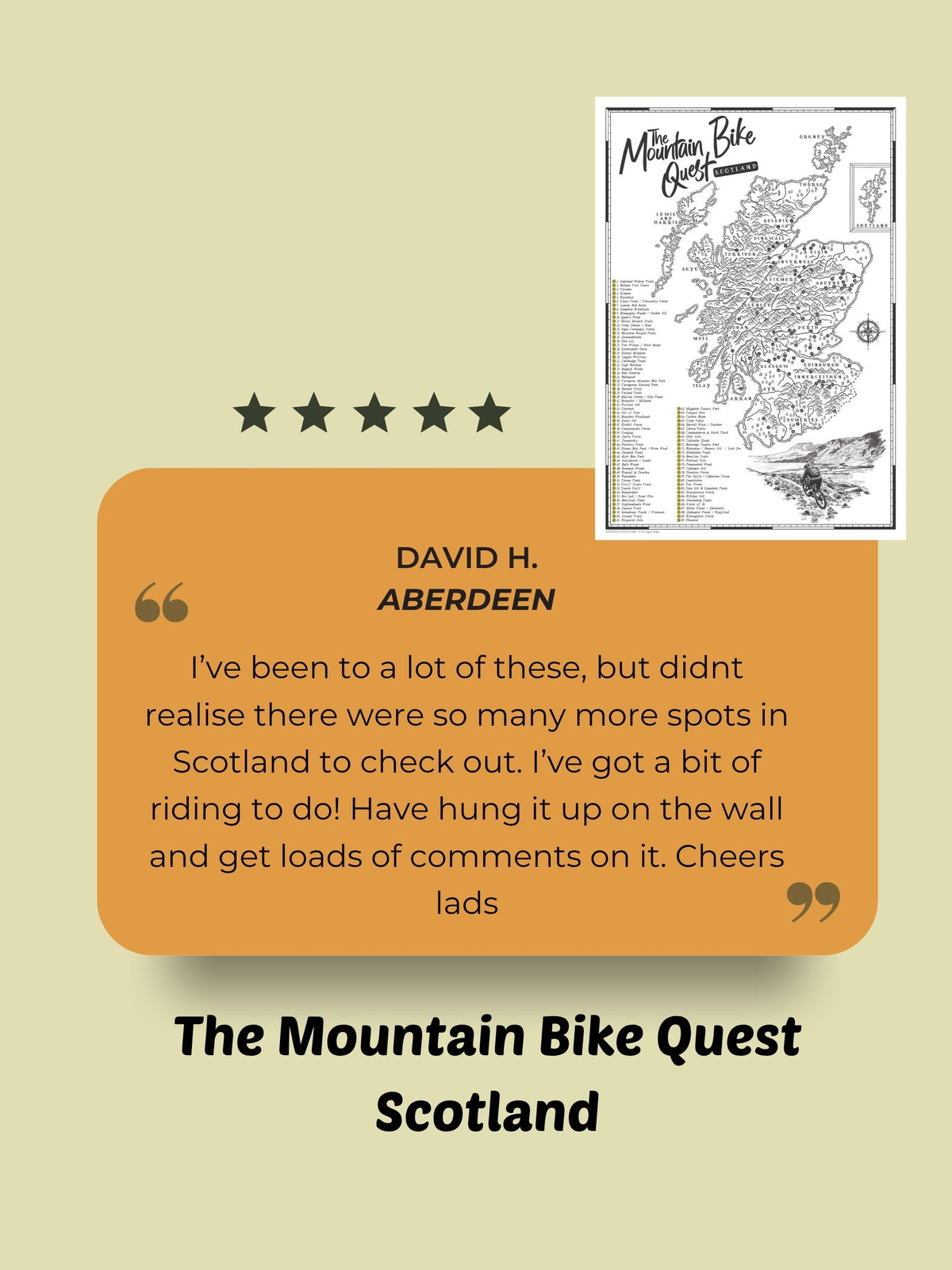Scotland Mountain Bike Quest customer review highlighting MTB destinations and displaying the map on a wall