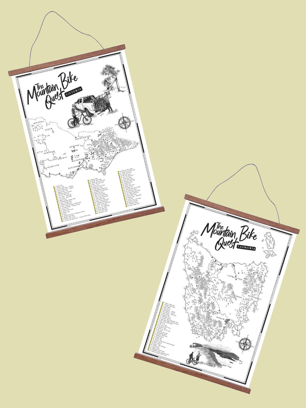 Southern MTB Mecca Bundle featuring Victoria and Tasmania Mountain Bike Quest maps in wooden hanging frames