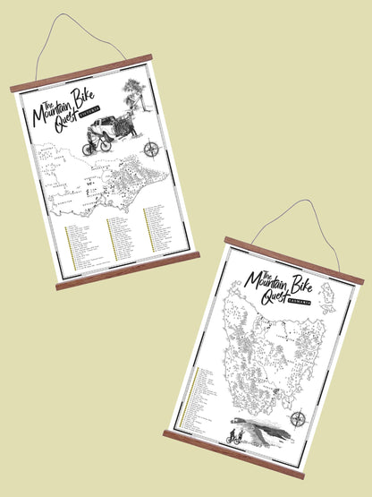 Southern MTB Mecca Bundle featuring Victoria and Tasmania Mountain Bike Quest maps in wooden hanging frames