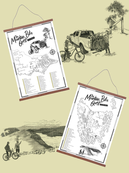 Southern MTB Mecca Bundle featuring Victoria and Tasmania Mountain Bike Quest maps with hand-drawn mountain biking and road-trip scenery