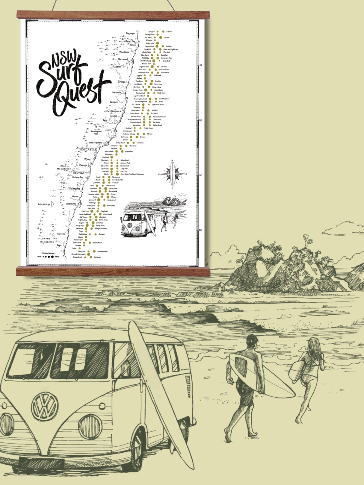 New South Wales Surf Quest scratch map above an illustrated beach scene with surfers, surfboards and a classic VW surf van