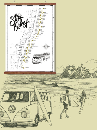 New South Wales Surf Quest scratch map above an illustrated beach scene with surfers, surfboards and a classic VW surf van