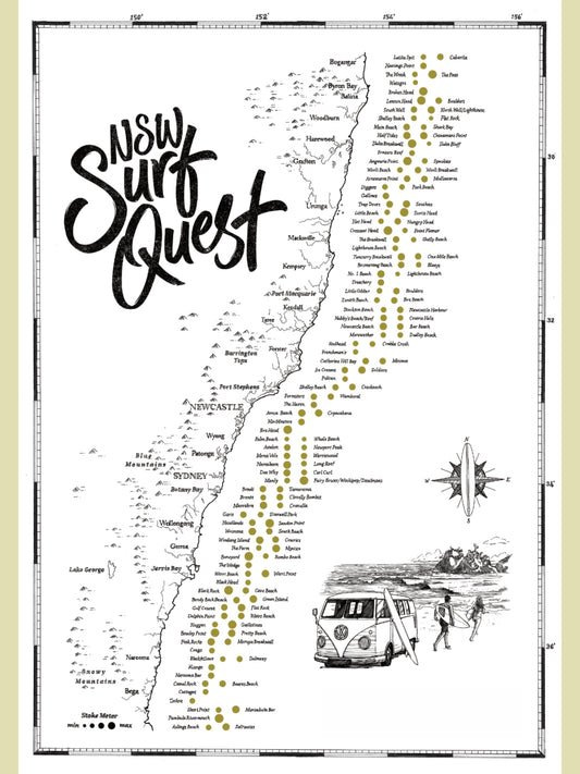 Map of NSW with surf locations and a van illustration, titled 'NSW Surf Quest'.
