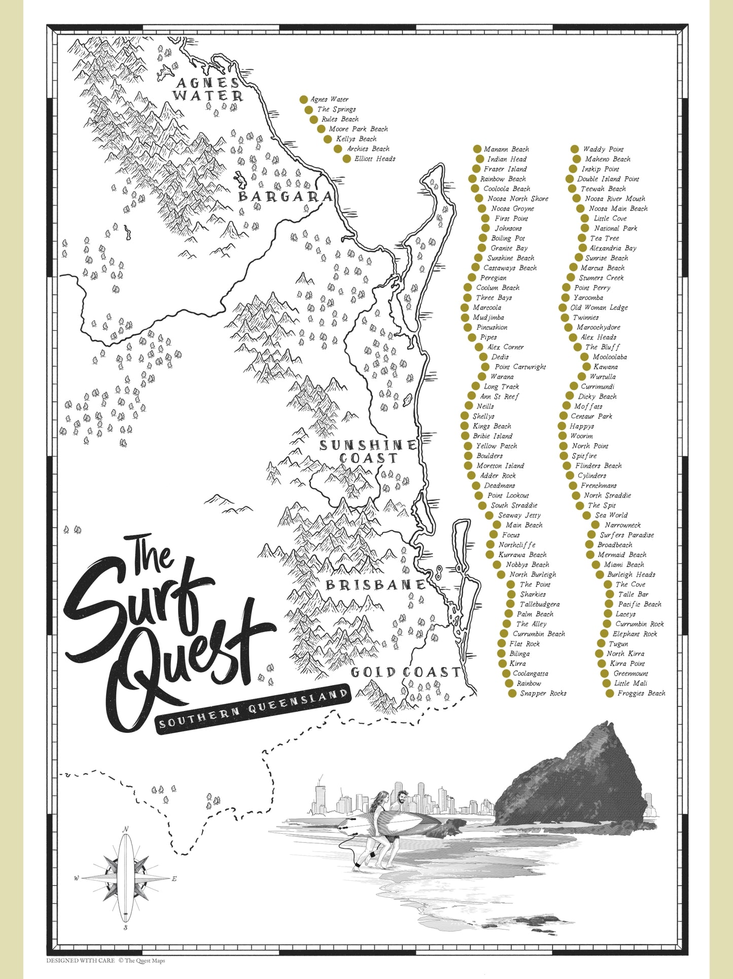 Map of Southern Queensland with 'The Surf Quest' branding and a coastal view.