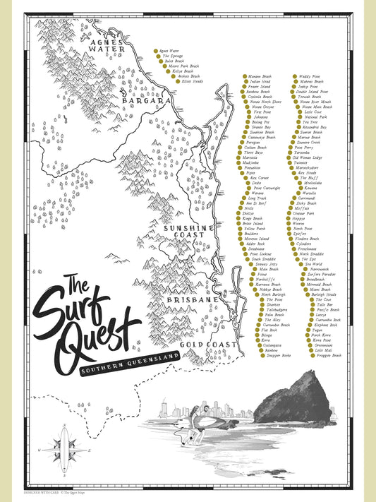 Map of Southern Queensland with 'The Surf Quest' branding and a coastal view.