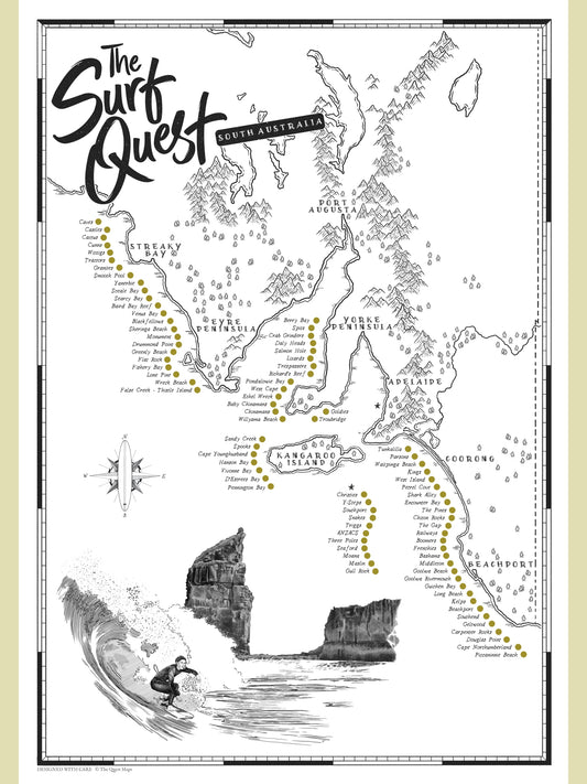 Map of South Australia with surfing locations labeled, titled 'The Surf Quest'.