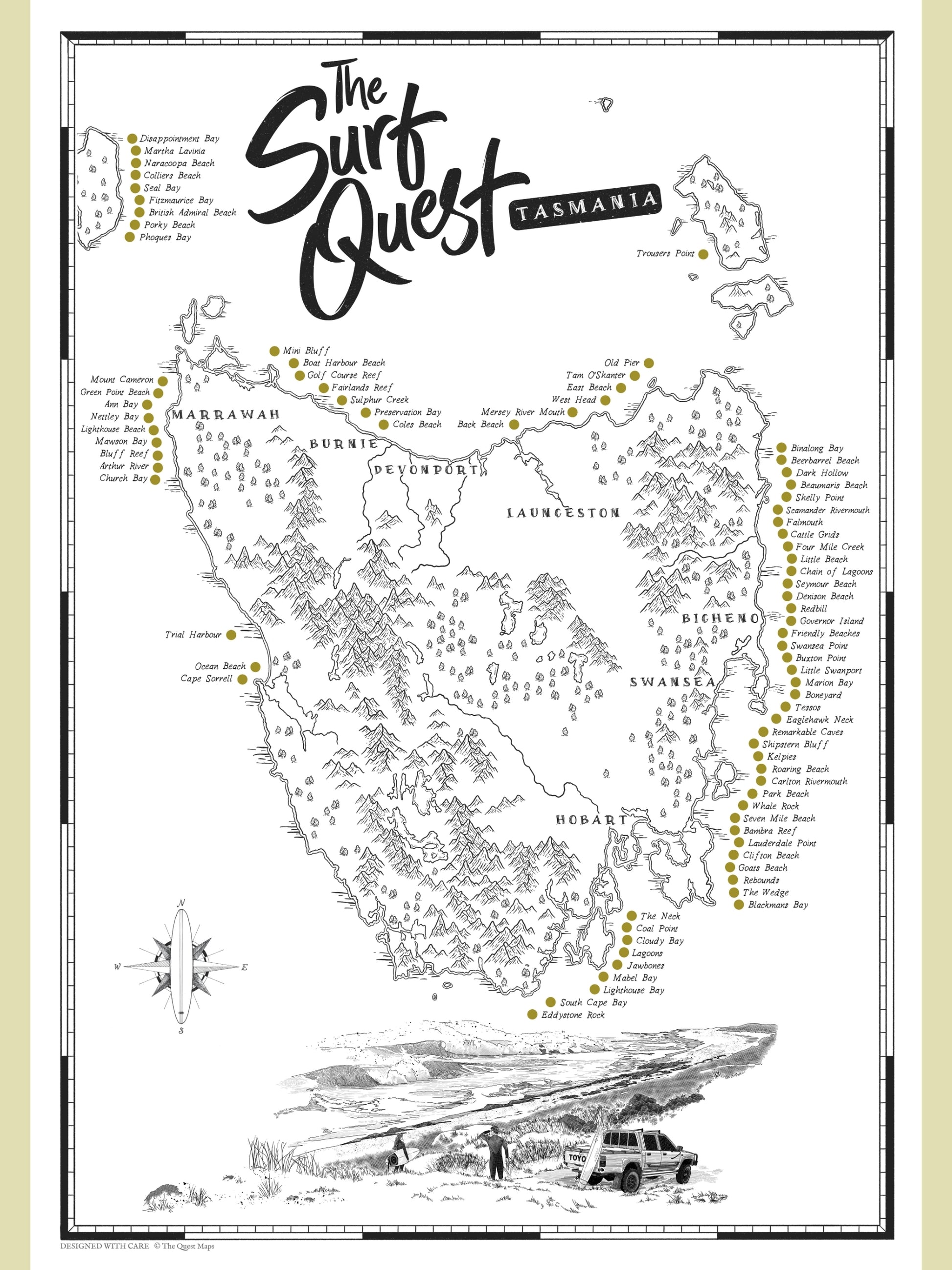 Tasmania surf map poster with scratch-off surf location checklist, featuring hand-illustrated artwork of the island’s rugged coastline and top surf spots.