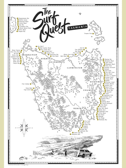 Tasmania surf map poster with scratch-off surf location checklist, featuring hand-illustrated artwork of the island’s rugged coastline and top surf spots.
