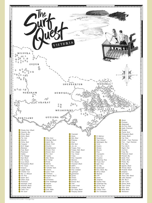 Map of Victoria with surfing locations labeled, titled 'The Surf Quest Victoria'.