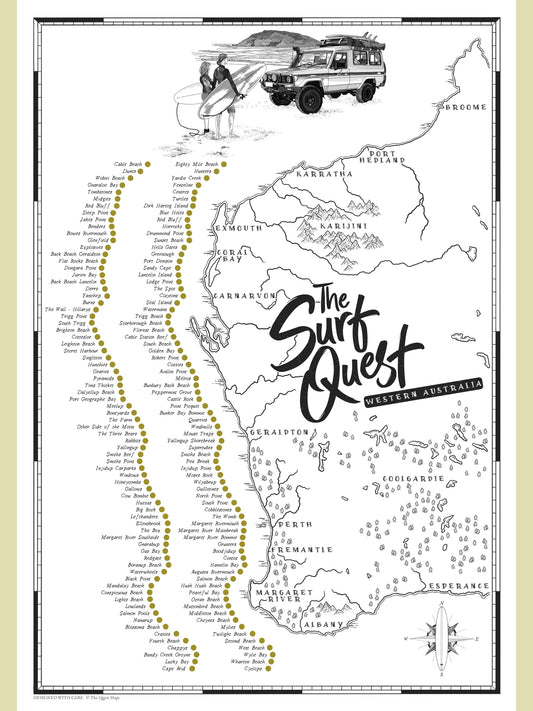 Western Australia surf map poster with scratch-off surf spot checklist, showcasing hand-illustrated coastal artwork from Perth to Margaret River.