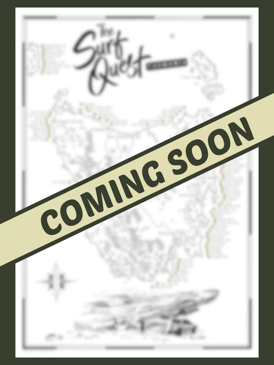Blurry teaser image of an upcoming Tasmania Surf Quest Scratch Map by The Quest Maps, featuring a large "Coming Soon" banner across the artwork.