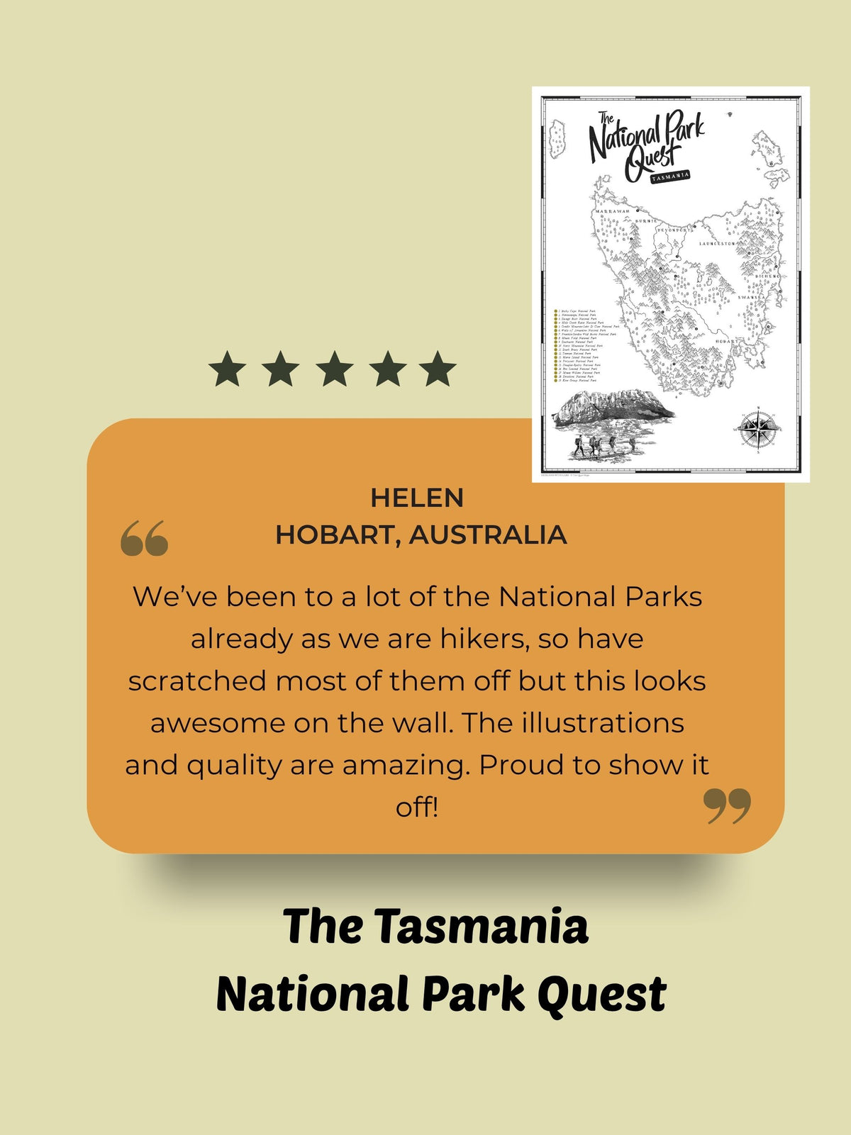 Five-star Tasmania National Park Quest customer review from Helen in Hobart praising the map and illustrations