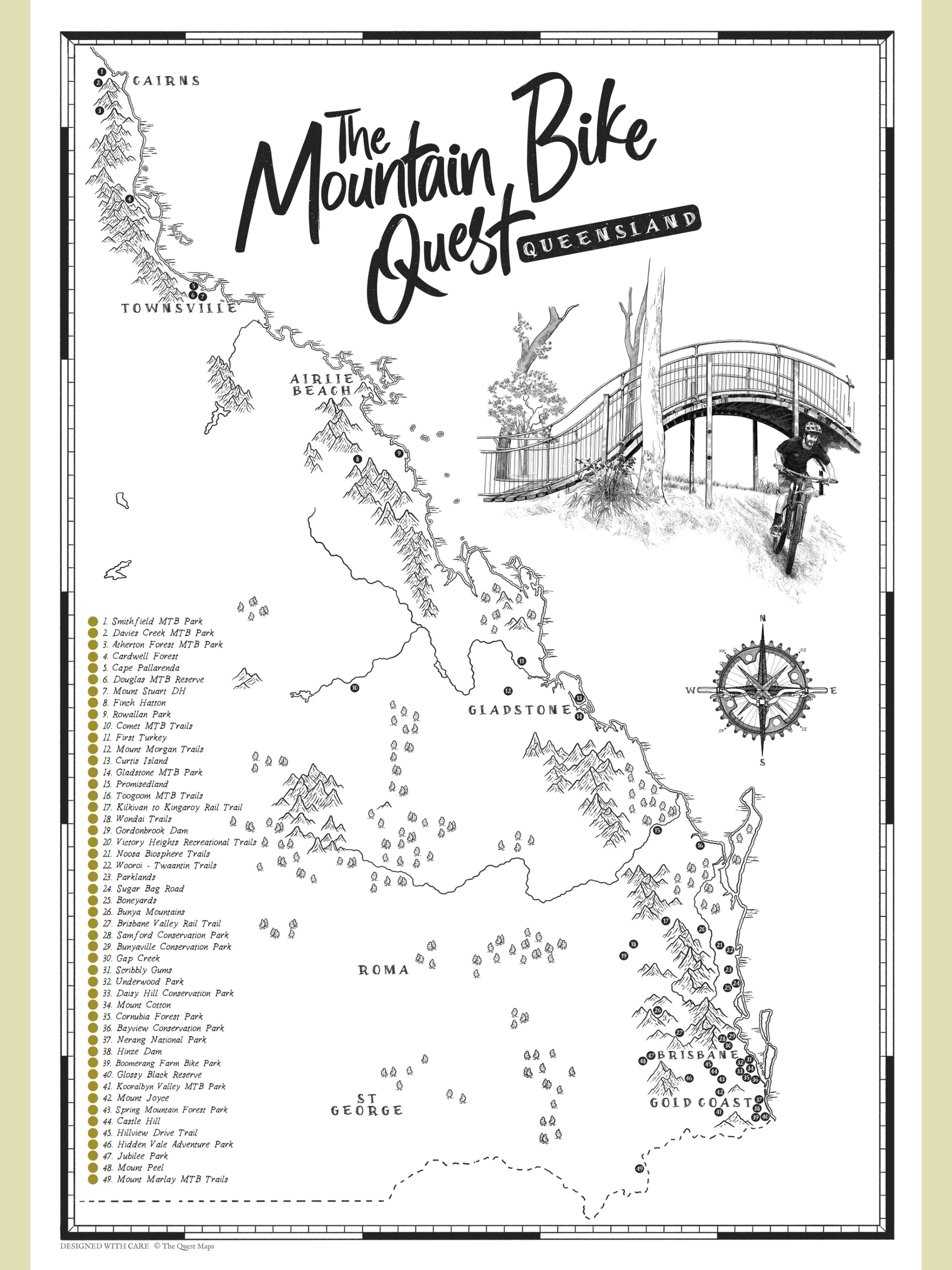 Queensland mountain bike map poster with scratch-off trail checklist, featuring hand-illustrated artwork of top MTB tracks and riding zones.