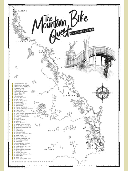 Queensland mountain bike map poster with scratch-off trail checklist, featuring hand-illustrated artwork of top MTB tracks and riding zones.