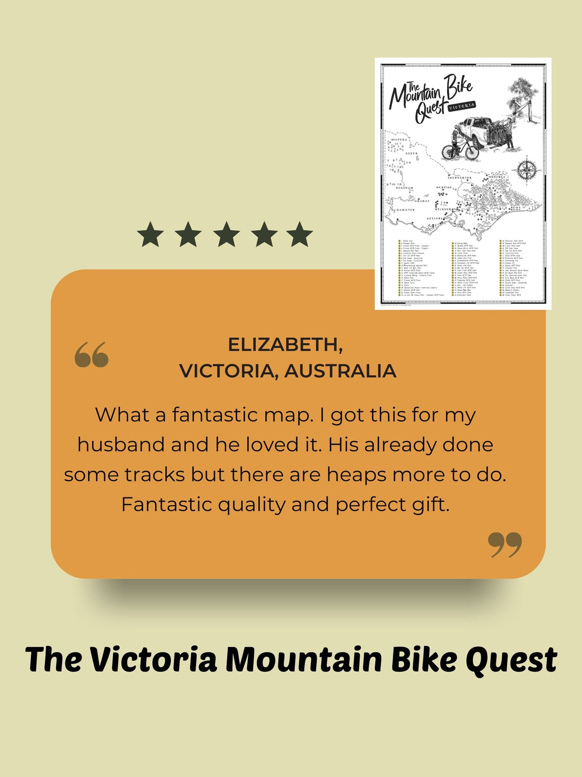 Customer review graphic featuring the Victoria Mountain Bike Quest scratch map and a five-star rating