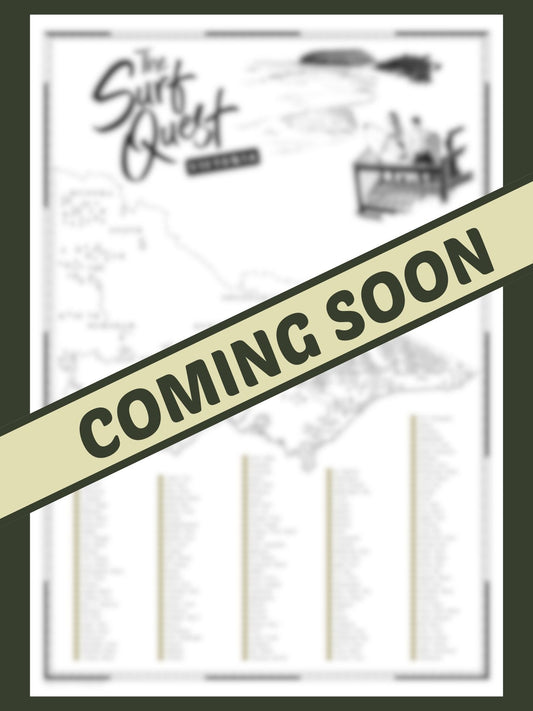 Blurry teaser image of an upcoming Victoria Surf Quest Scratch Map by The Quest Maps, featuring a large "Coming Soon" banner across the artwork.